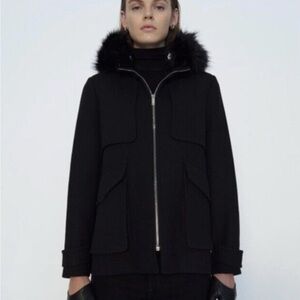 Zara Black Winter Wool With Fur Hood